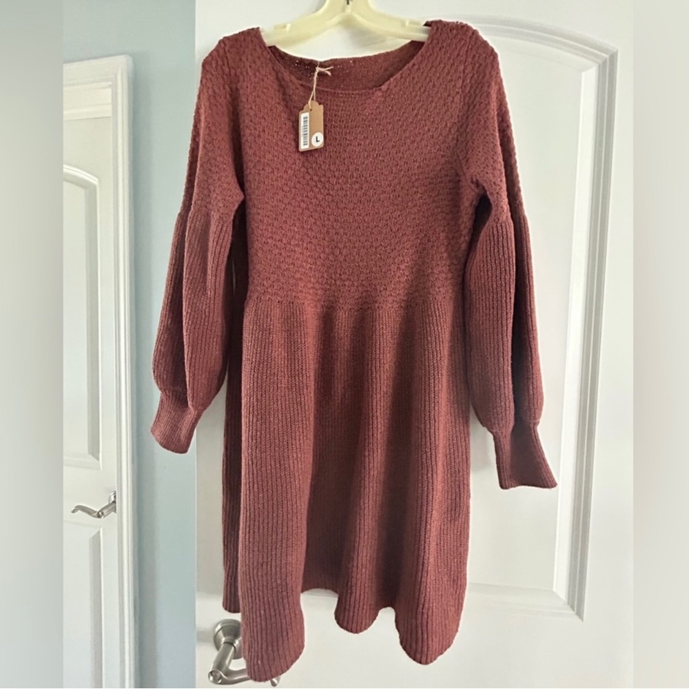 Solid Lantern Sleeve Sweater Dress - Picture 6 of 7